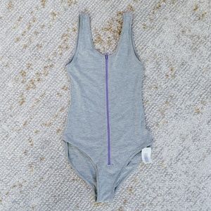 NWT American Apparel grey bodysuit purple zipper